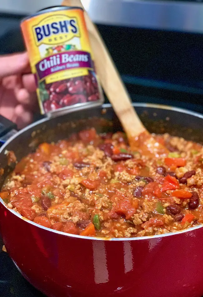 Bush's chili recipe cooking in red pot